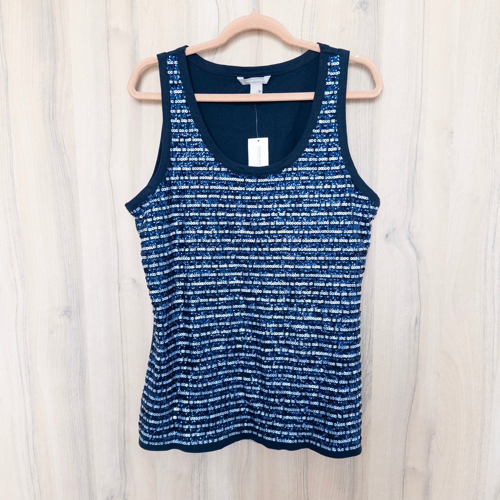 Banana Republic Womens Sequin Top L Blue Striped Sleeveless Party Glam Holiday